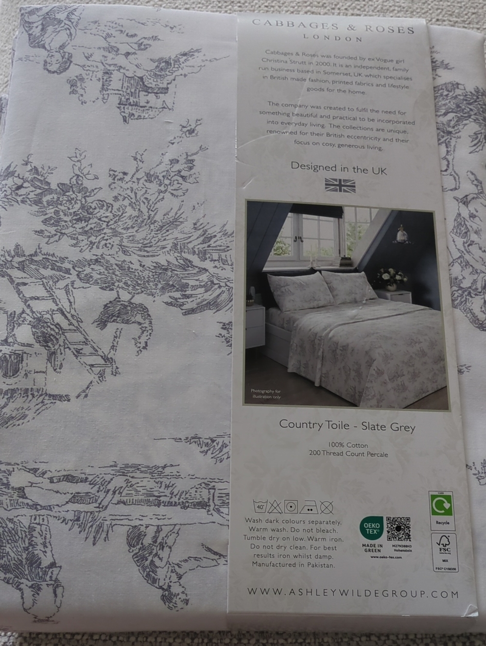 Cabbages & Roses Country Toile Slate Grey Cotton Ki G Size Sheets Cottage Core